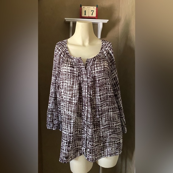 DANA BUCHMAN Romantic Getaway cattail Brown & White Blouse Top size XL - Picture 2 of 13